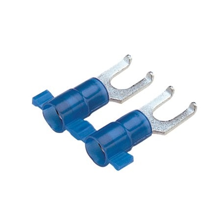 Panduit Fork Terminal, #8 Stud Size, 14 AWG, 600 V, Nylon Insulated, Blue, Crimp Termination Only, 3000 PK PN14-8FF-3K